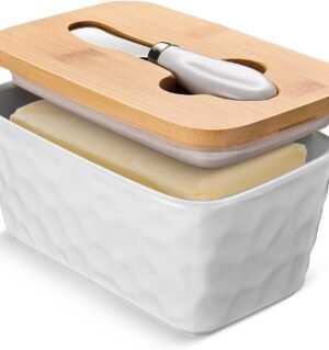 Ceramic Butter Dish with Lid and Knife for Countertop, Stone Pattern, White