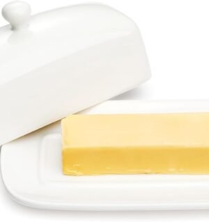 Butter Dish with Lid, Porcelain Butter Container, 7.8 Inch Butter Holder with Handle Cover, Butter Keeper, White