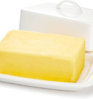 Large Butter Dish with Lid for Countertop, Porcelain 8 oz Butter Keeper with Handle Cover Design, 7.7 Inch Butter Container, White