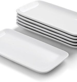 Small Rectangle Plates Set of 6, White Serving Platters 9 inch, Ceramic Sushi Plates, Serving Plate for Appetizer, Dessert, Party, Microwave Safe