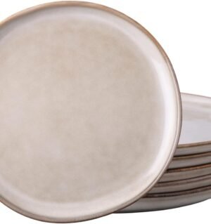 Ceramic Dinner Plates Set of 6, 10.5 Inch Handmade Reactive Glaze Stoneware Plates, Rustic Shape Dinnerware Dish Set for Kitchen, Microwave & Dishwasher Safe, Scratch Resistant-Cappuccino