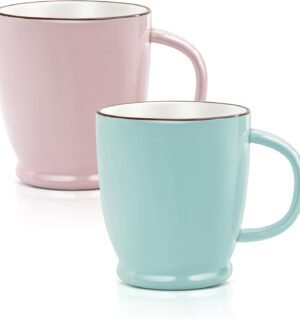 Jelly Mug, 18 oz Large Ceramic Coffee Cup, Cute Porcelain Teacup with Handle, Unique Uneven Surface (Set of 2, Celeste Blue & Cherry Pink)
