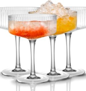 4 Pcs Ribbed  Glasses, 10 oz Vintage Cocktail  Glasses Set, Unique Martini Glass, Classic Cocktail Galssware, Bar Drinking Glasses Set Pefect for Cocktail, Wine, Champagne & Gift