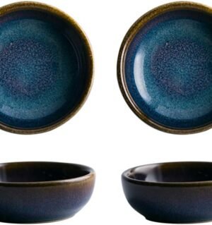 2.5 Inch Vintage Blue with Brown Edge Stylish Design Multipurpose Porcelain Side Dish Bowl Seasoning Dishes Soy Dipping Sauce Dishes-Set of 4-Blue