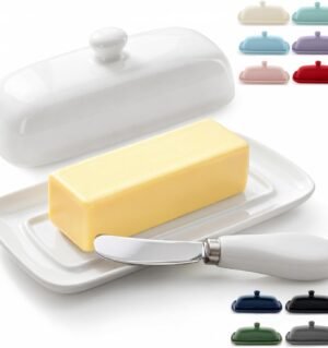 Ceramic Butter Dish with Lid for Countertop and Stainless Steel Knife, White Butter Dish with Easy-Grip Knob, Durable Everyday Butter Holder for Home