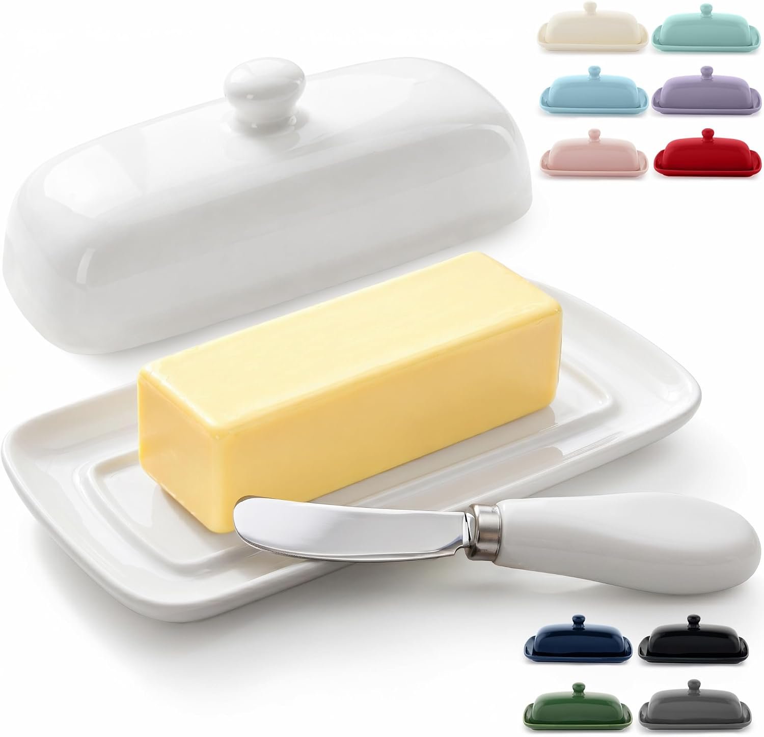 Ceramic Butter Dish with Lid for Countertop and Stainless Steel Knife, White Butter Dish with Easy-Grip Knob, Durable Everyday Butter Holder for Home