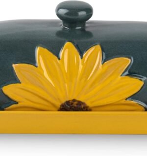 Ceramic Sunflower Covered Butter Dish with Lid, Yellow Tray, Green Lid