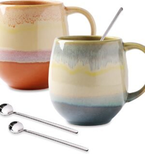 16oz Ceramic Coffee Mugs for Men/Women - Set of 2 with Spoons, Great for Soup, Cocoa, Office, Home, Engagement Gifts