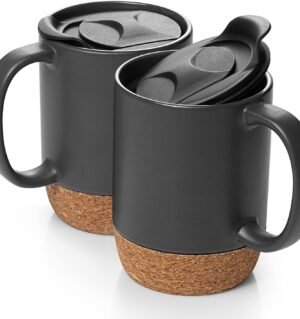 Coffee Mugs, 15 oz Mug Set of 2, Large Ceramic Coffee Mug with Cork Bottom and Spill Proof Lid for Mom Dad, Big Mug for Coffee Latte Tea, Matte Grey