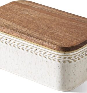 Butter Dish with Lid for Countertop, Ceramic Butter Container, Embossed Butter Keeper with Acacia Wood Lid and Airtight Cover, Farmhouse Decor, Set of 1, Birch
