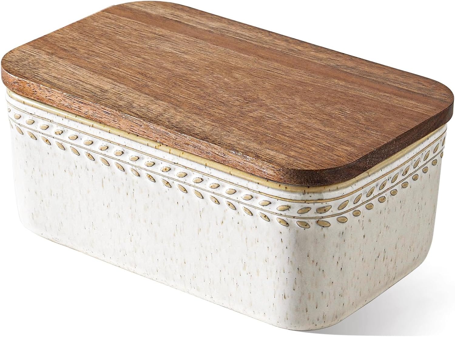 Butter Dish with Lid for Countertop, Ceramic Butter Container, Embossed Butter Keeper with Acacia Wood Lid and Airtight Cover, Farmhouse Decor, Set of 1, Birch