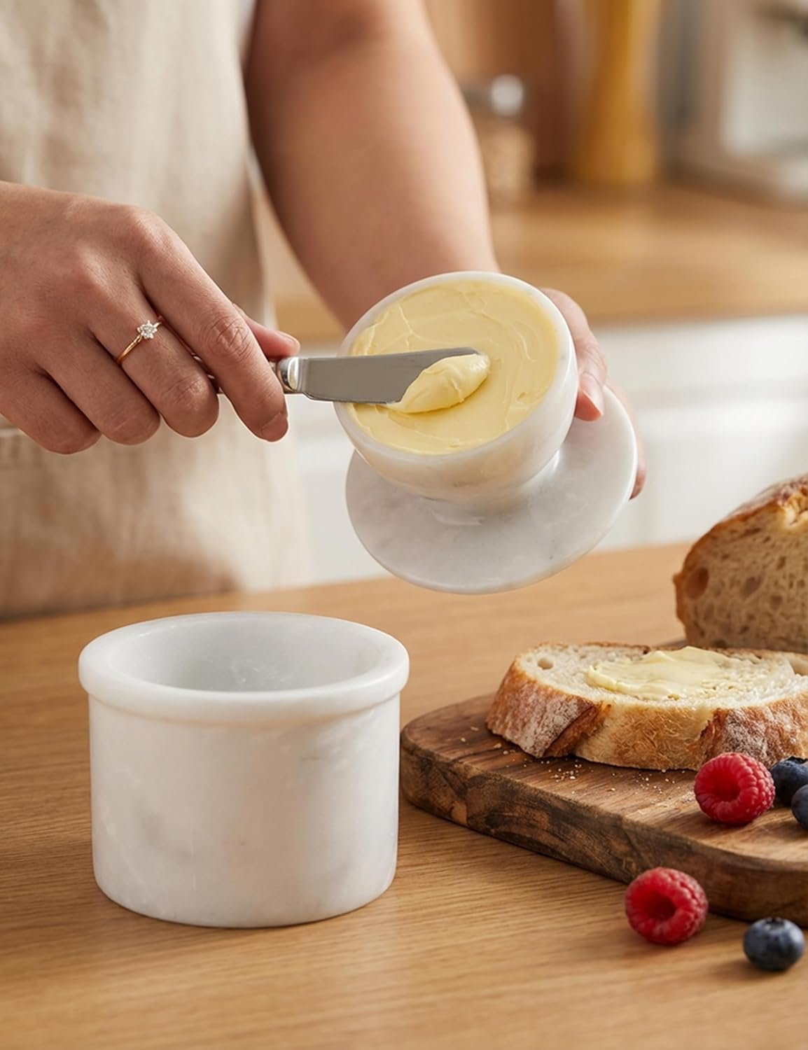 Marble Butter Keeper 4.25" Inches, White Handmade Butter Holder for Kitchen Counter Decor, Butter Crock with Water and Butter Crock for Kitchen - Image 2