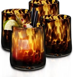 Tortoise Leopard Print Brown 10 oz.  Glasses, Set of 4 - Stylish Stemless Cocktail Cups Glass - Ideal Glassware Tumbler for Gin, Tequila, Vodka, Soft Drinks - 3.15 × 3.15 × 4.3 in