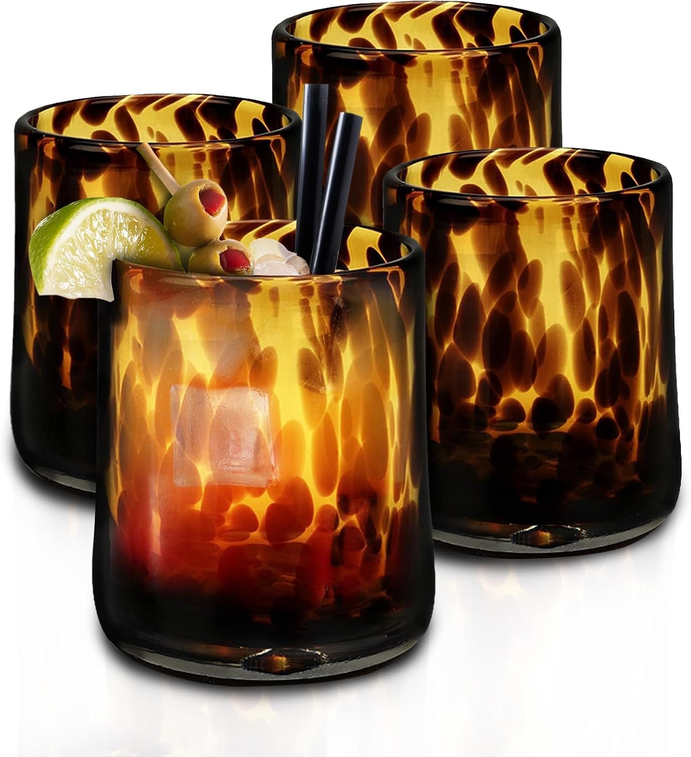 Tortoise Leopard Print Brown 10 oz. Glasses, Set of 4 - Stylish Stemless Cocktail Cups Glass - Ideal Glassware Tumbler for Gin, Tequila, Vodka, Soft Drinks - 3.15 × 3.15 × 4.3 in