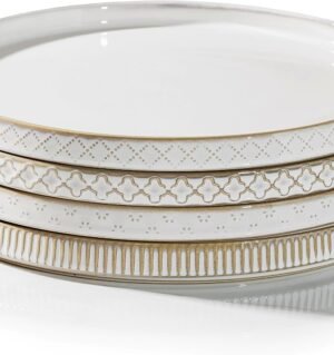 10.5” Ceramic Dinner Plates, Set of 4, Microwave & Dishwasher Safe, Salad Pasta Deep Plates with Embossments Set of 4