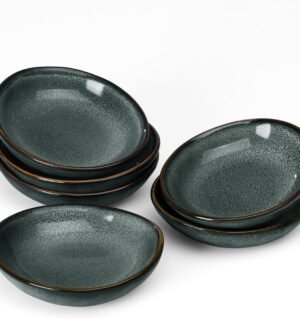 Soy Sauce Dishes of 6, Oval Dipping Sauce Cups/Bowls/Dishes for Kitchen, 2.1oz Ceramic Small Bowls for Side Dishes, Appetizers, Snacks, and Sushi, Reactive Glaze, Deep Forest