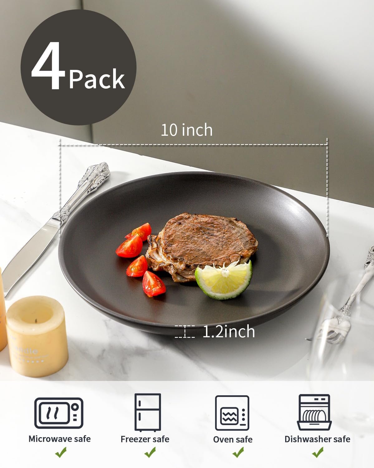 Stoneware Dinner Plates, 10 Inch Serving Dishes Set of 4 for Kitchen, Ceramic Dinnerware Dishes for Steak, Pancakes, Scratch Resistant Plate Set, Microwave & Dishwasher Safe, Matte Black - Image 2
