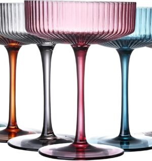 Art Deco Colored Vintage  Glasses, Ribbed Crystal Handmade Martini, Cocktail & Champagne Glasses, Perfect for Dessert, Manhattan, , Gimlet, Pisco Sour - 7Oz