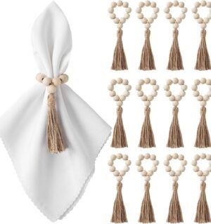 12 Pcs Wood Bead Napkin Rings for Boho Table Decor