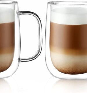 Large Double Wall Glass Coffee Mug 15.2oz,Clear Insulated Glass Espresso Cup with Big Handle,set of 2