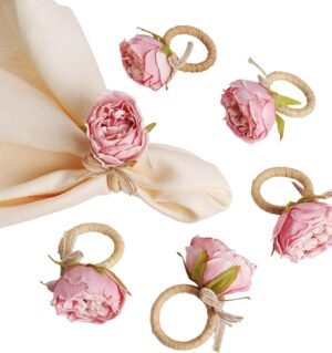 6 Pcs Flower Napkin Rings Set, Pink Peony Flower Handmade Napkin Holder Rings for Summer, Wedding, Luncheons, Picnics, Banquet, Birthday, Christmas, Valentine's Day, Thanksgiving
