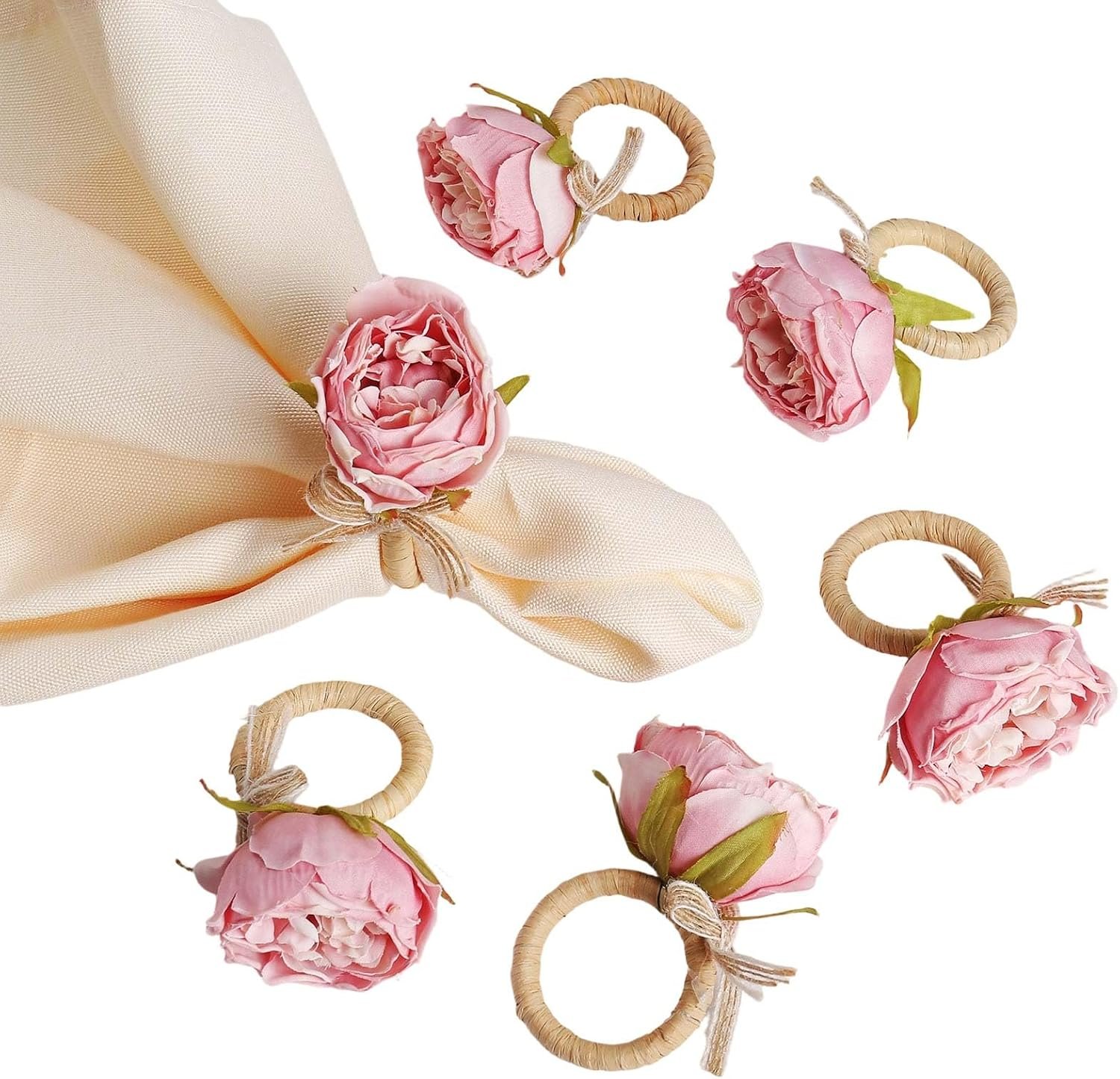 6 Pcs Flower Napkin Rings Set, Pink Peony Flower Handmade Napkin Holder Rings for Summer, Wedding, Luncheons, Picnics, Banquet, Birthday, Christmas, Valentine's Day, Thanksgiving