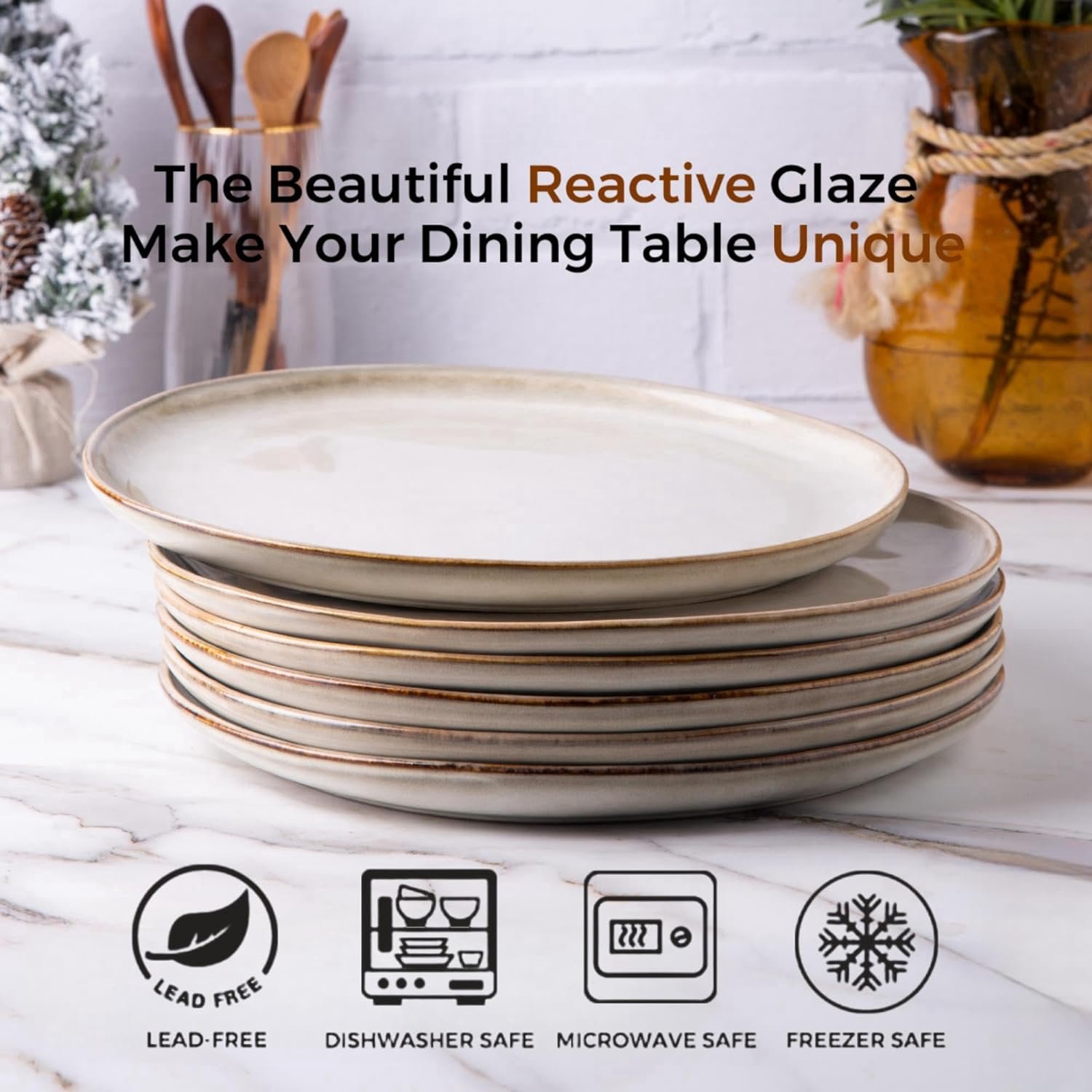 Ceramic Dinner Plates Set of 6, 10.5 Inch Handmade Reactive Glaze Stoneware Plates, Rustic Shape Dinnerware Dish Set for Kitchen, Microwave & Dishwasher Safe, Scratch Resistant-Cappuccino - Image 2