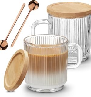 2 PACK Glass Coffee Mugs with Handle & Spoon, 12 OZ Glass Coffee Cups with Bamboo Lid, Ribbed Glass Cups, Clear Tea Cup for Hot/Cold Beverages, Glassware Set for Americano, Latte, Cappuccino