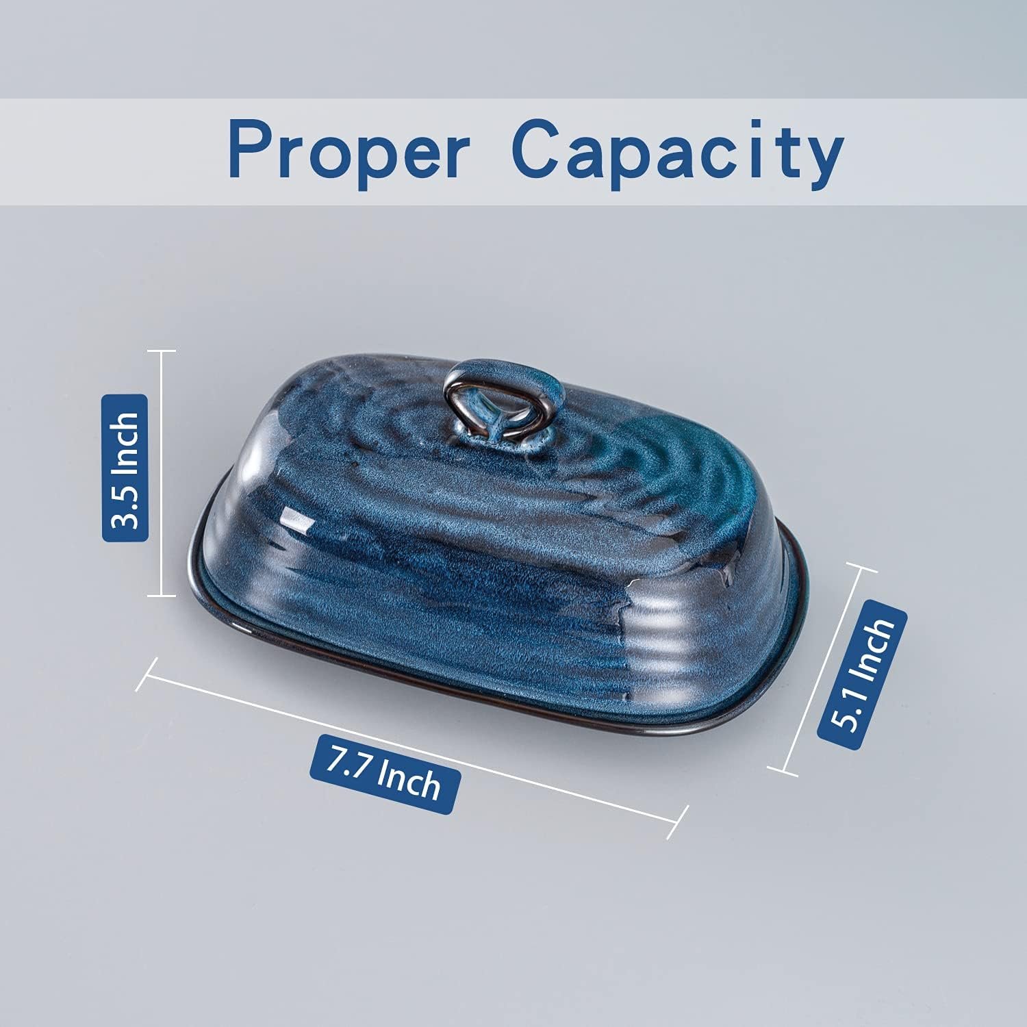 Butter Dish with Lid, Ceramic Butter Dish with Cover for Countertop, Porcelain Butter Keeper with Handle Design, Butter Tray with Lid for Fridge, Blue - Image 2
