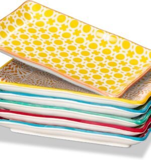 Appetizer Plates Set of 6-7.5 inch Small Serving Platters, Ceramic Rectangular Plates for Sushi Salad Dessert - Microwavable Oven & Dishwasher Safe, Scratch Resistant- Assorted Colors