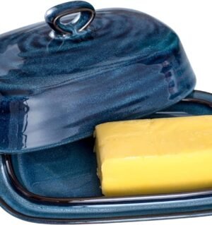 Butter Dish with Lid, Ceramic Butter Dish with Cover for Countertop, Porcelain Butter Keeper with Handle Design, Butter Tray with Lid for Fridge, Blue