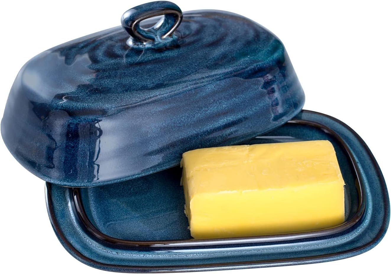 Butter Dish with Lid, Ceramic Butter Dish with Cover for Countertop, Porcelain Butter Keeper with Handle Design, Butter Tray with Lid for Fridge, Blue