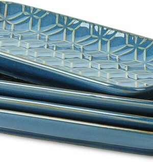 Ceramic Salad Plates, Rectangular Appetizer Plates 8 inch, Small Serving Plates for Entertaining, Small Dinner Plates Set for Dessert, Sushi, Embossed Porcelain Dish, Set of 4, Blue