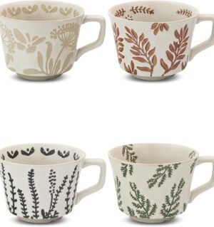 Ceramic Coffee Mug, 12 oz Novelty Unique Teacup with Large Handle, Stoneware Cup for Tea Mocha Latte Cappuccino Espresso (Set of 4, Butterfly Grass Ivy and Leaf)