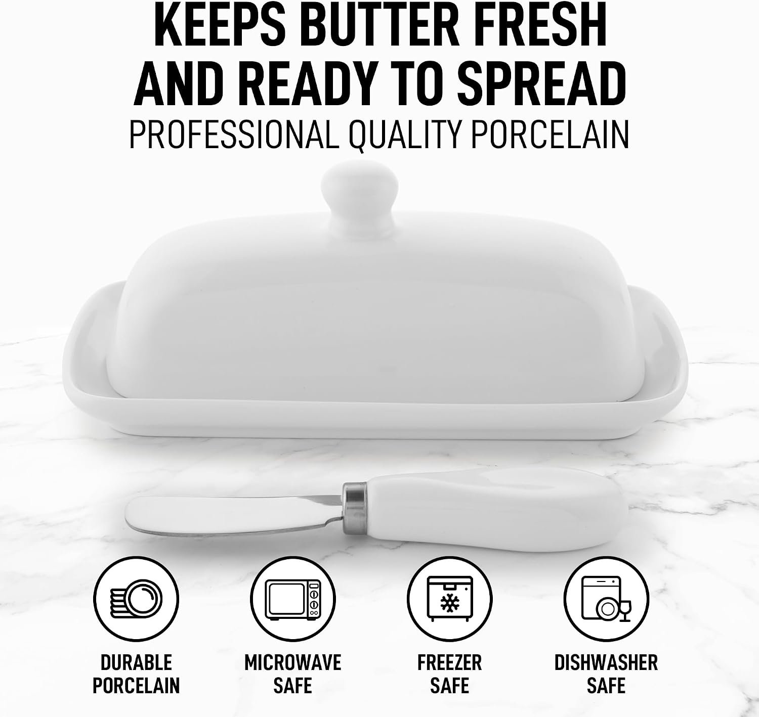 Ceramic Butter Dish with Lid for Countertop and Stainless Steel Knife, White Butter Dish with Easy-Grip Knob, Durable Everyday Butter Holder for Home - Image 2