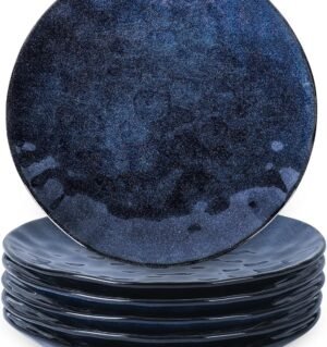 Ceramic Dinner Plates Set, 10.5 Inch, Set of 6, Round, Microwave, Oven, Dishwasher Safe, Porcelain Fluted Suitable for Steak, Pasta, Pizza, Home, Party, Restaurant (Blue)