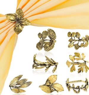 8 Pcs Herb Napkin Rings Set, Vintage Leaf Napkin Holders, Gold