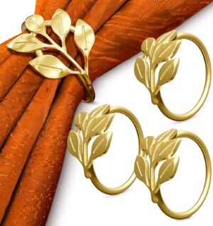 20 Pcs Gold Napkin Rings with Leaf Design, 1.38 Inch Inner Diameter