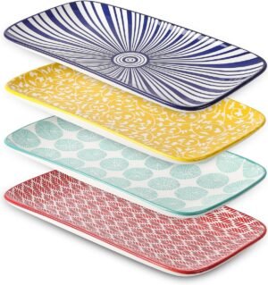 Ceramic Rectangular Serving Platters Set of 4, 12 Inch Serving Trays/Dishes for Party Entertaining, Rectangular Dinner Plates for Appetizer Salad Dessert Sushi, Assorted Colors