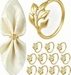 Gold Napkin Rings Set of 12, Solid Zinc Alloy Leaf Table Decor