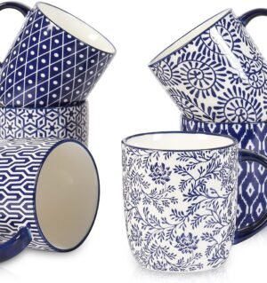 Porcelain 10 oz Coffee Mugs Set of 6 with Handle, Coffee Cups Ceramic for Cappuccino Latte Cocoa Milk Tea, Dishwasher Microwave Safe, Vintage Blue