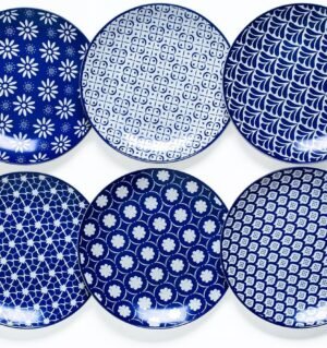 Porcelain Dinner Plates Set of 6, 8 Inch Ceramic Plates - Blue and White Vintage Design for Salad, Pasta, Steak - Scratch, Chip Resistant, Dishwasher & Microwave Safe