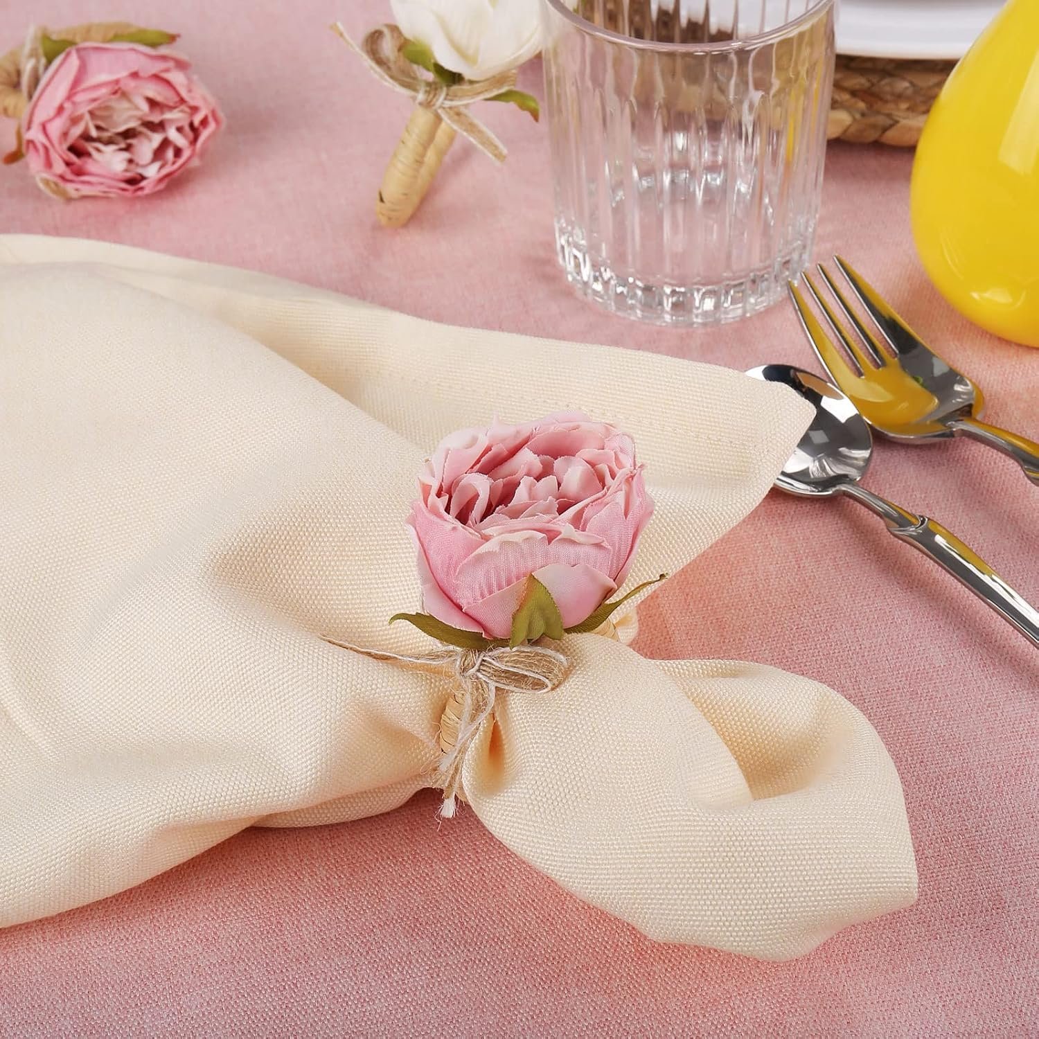 6 Pcs Flower Napkin Rings Set, Pink Peony Flower Handmade Napkin Holder Rings for Summer, Wedding, Luncheons, Picnics, Banquet, Birthday, Christmas, Valentine's Day, Thanksgiving - Image 2