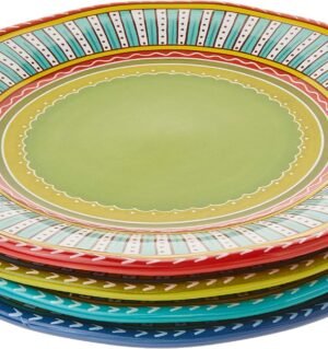 11.25" Ceramic Dinner Plates Set of 4 – Colorful Boho Style Plates for Dinner, Microwave & Dishwasher Safe, Vibrant Glazed Tableware for Indoor Outdoor Use
