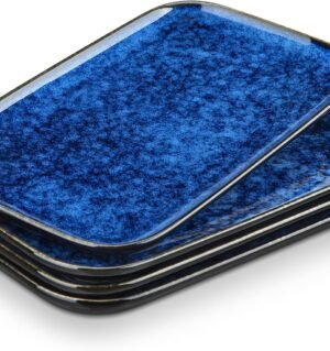 Serving Platters Set of 4, 11 Inches Rectangular Ceramic Serving Plates, Blue Serving Trays for Entertaining