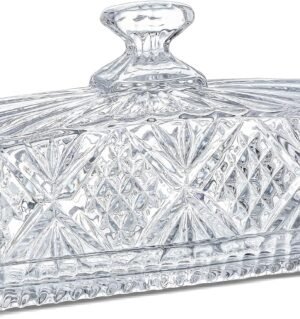 8" Crystal Covered Butter Dish for Countertop, Glass Butter Dish with Lid