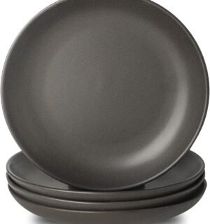 Stoneware Dinner Plates, 10 Inch Serving Dishes Set of 4 for Kitchen, Ceramic Dinnerware Dishes for Steak, Pancakes, Scratch Resistant Plate Set, Microwave & Dishwasher Safe, Matte Black