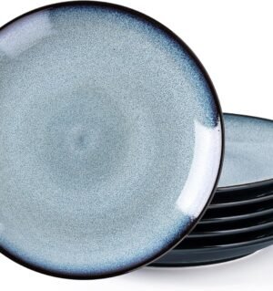 Ceramic Dinner Plates Set of 6, 10.5 Inch Handmade Reactive Glaze Porcelain Plates,  Shape Dinnerware Dishes Set for Kitchen,Oven& Microwave & Dishwasher Safe, Scratch Resistant-Gray Blue