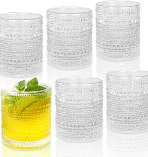 Cocktail Glasses Drinking Glasses 10 oz  Drinking Glasses Set of 6, Vintage Glassware, Textured Glass Cups Bubble Glasses Water Glasses Old Fashion  Glasses Set, Clear