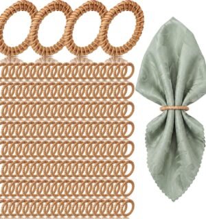 50 Pcs Boho Woven Rattan Napkin Rings, Natural Rattan